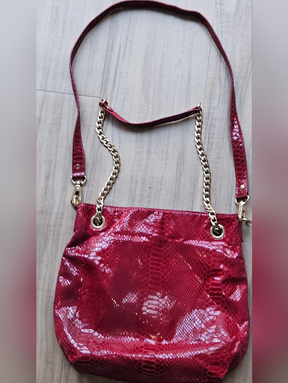 Michael Michael Kors Red Snake-Texture Shoulder Bag with Gold Chain